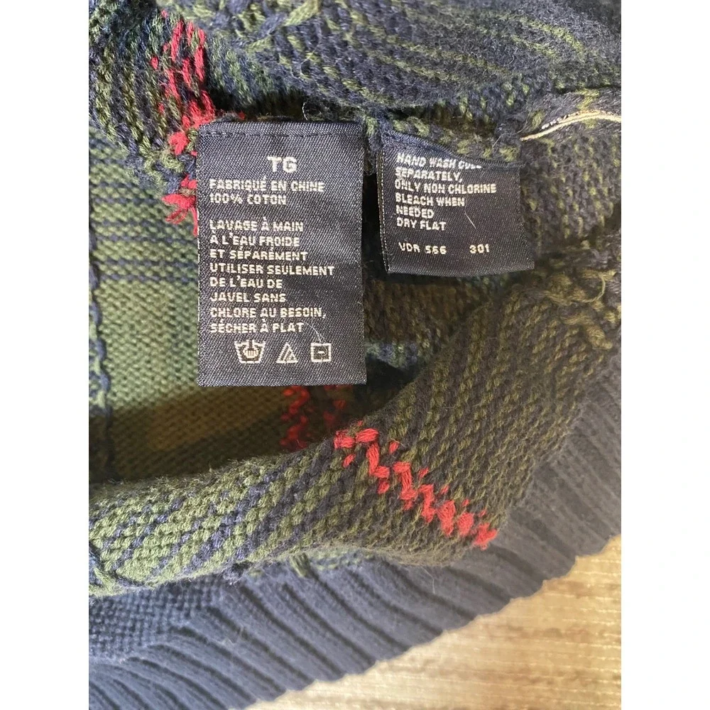 Nautica Mens XL Navy Blue Green Plaid 100% Cotton Crewneck Knit Sweater Pullover